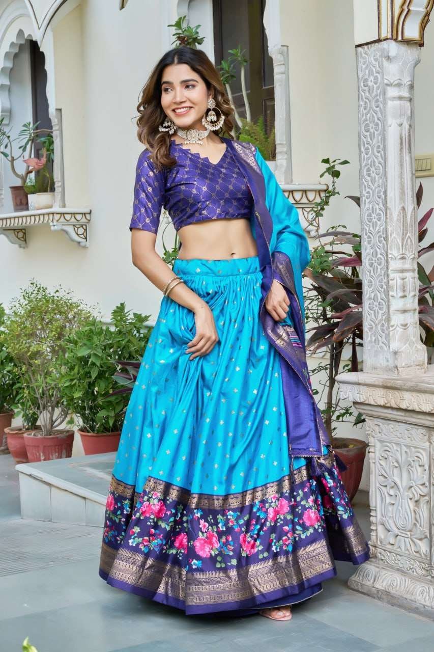 Sky Blue Tussar Silk Lehenga Choli with Dark Blue Blouse | Minakari & Foil Print | Wedding & Festive Wear