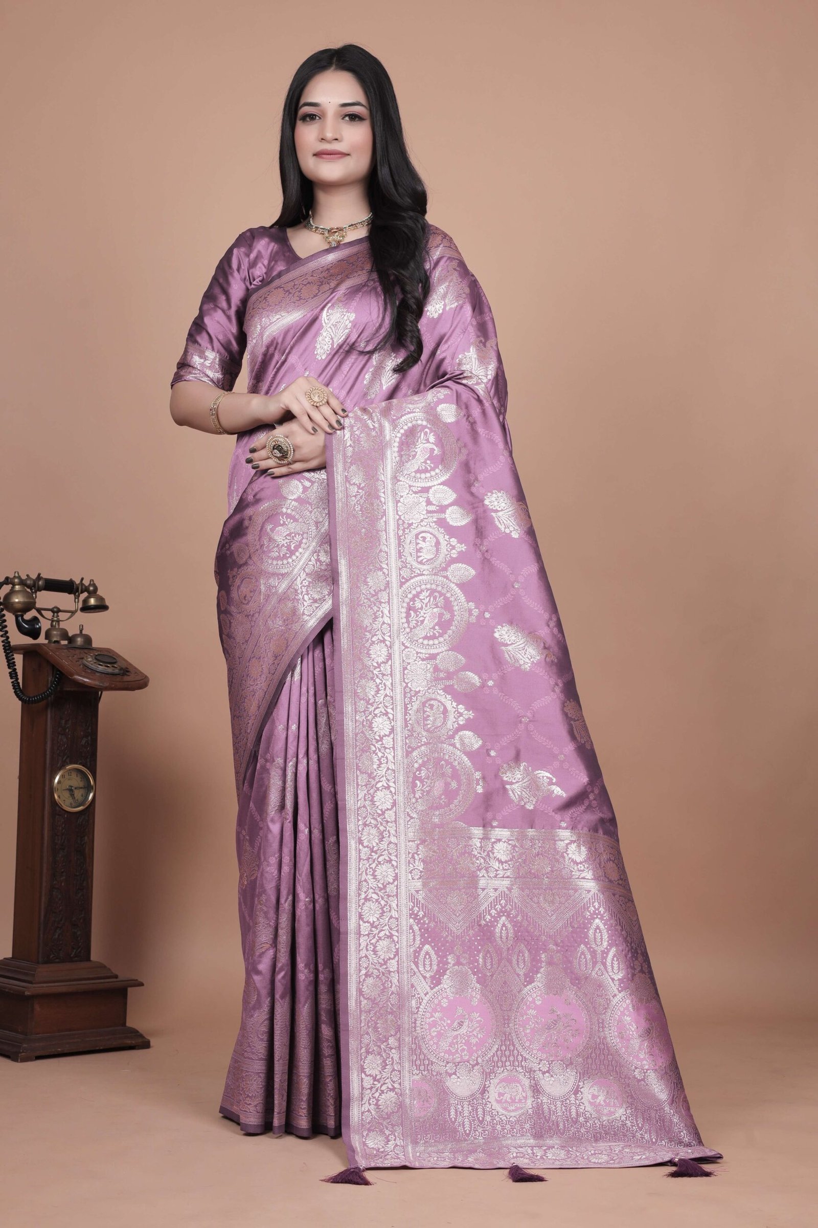 Lavender Banarasi Silk Saree with Silver Zari | Floral & Paisley Motifs | Wedding, Festive & Traditional Wear