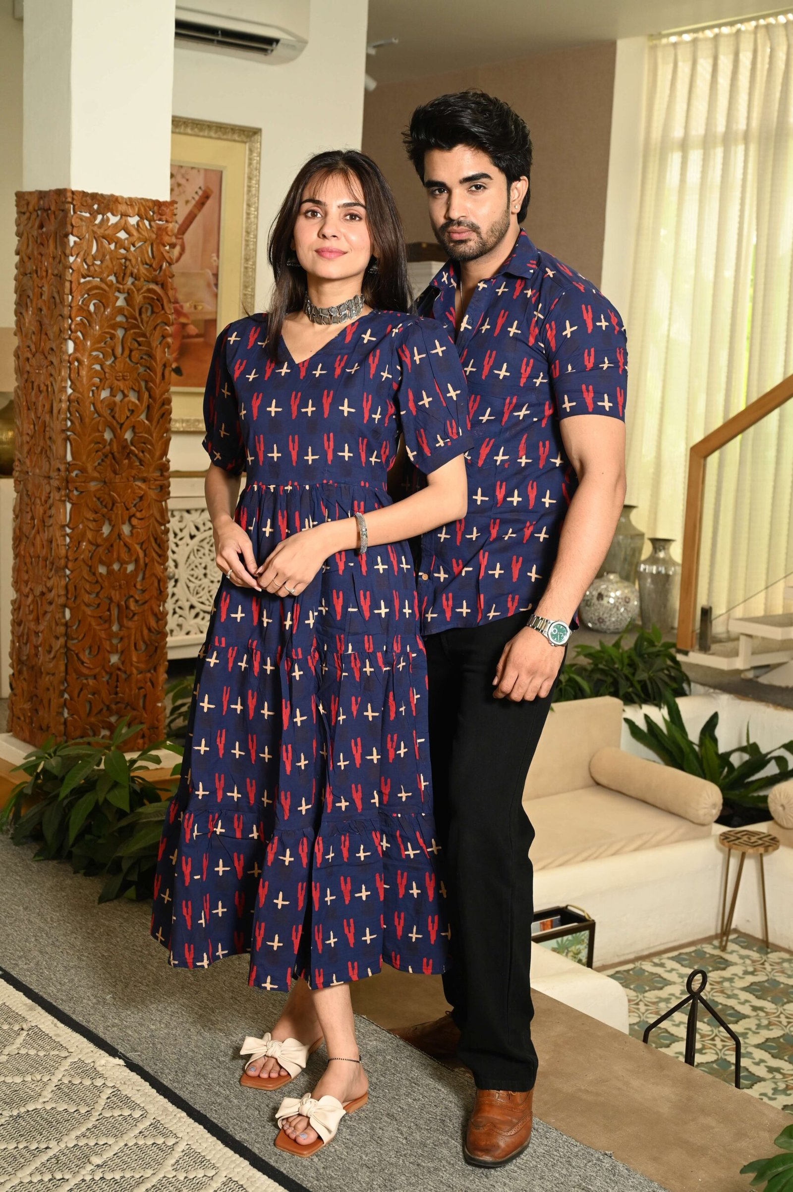 Couple Matching Navy Blue Cotton Printed Anarkali Midi Dress & Shirt Set ? Casual & Festive Wear