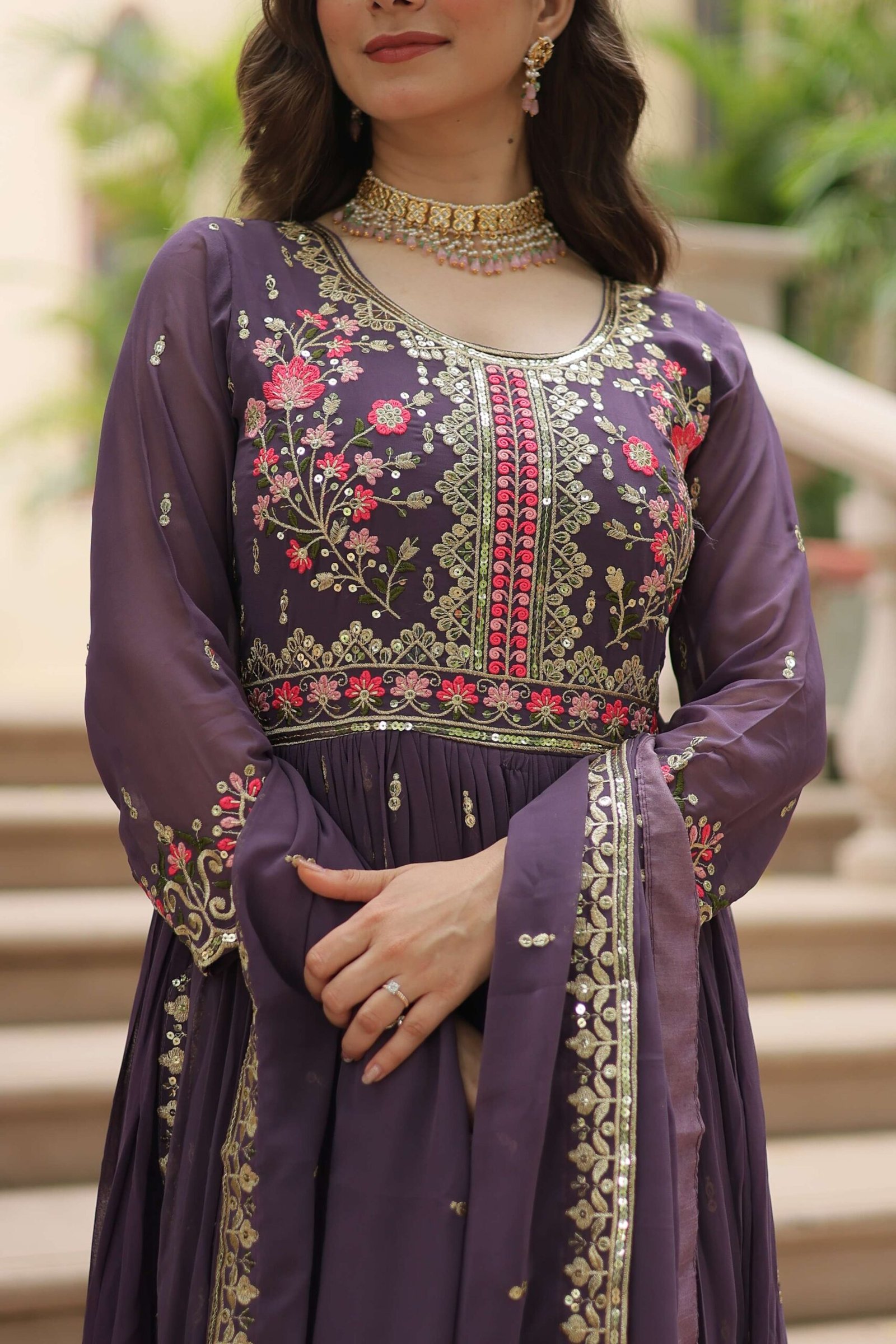 Onion Faux Georgette Sequins Embroidered Kurti with Sharara & Dupatta Set - Image 3