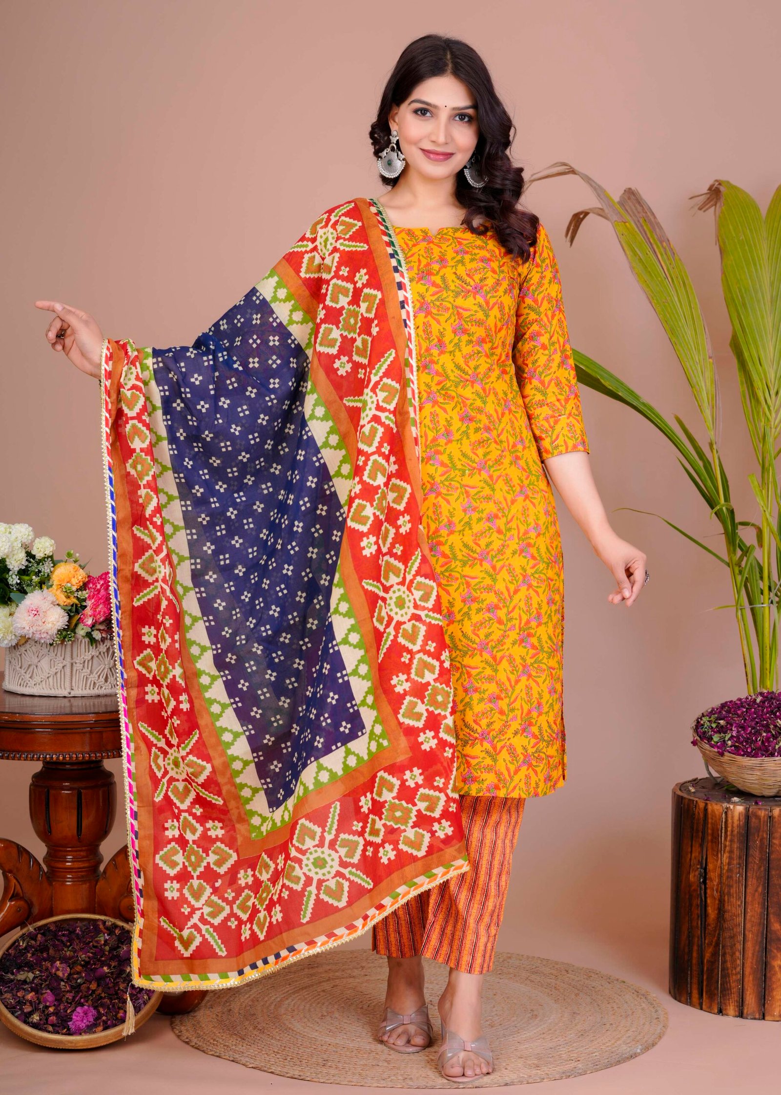 Women's Yellow Cotton Printed Straight Kurti with Pant & Dupatta Set