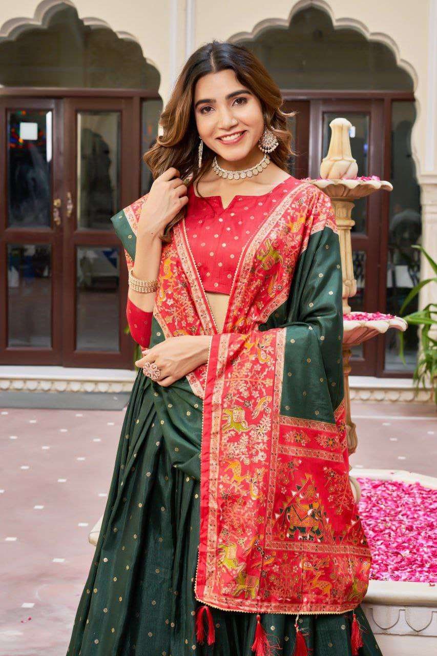Dark Green Dola Silk Lehenga Choli with Red Blouse | Bandhej & Ajarakh Print | Wedding & Festive Wear