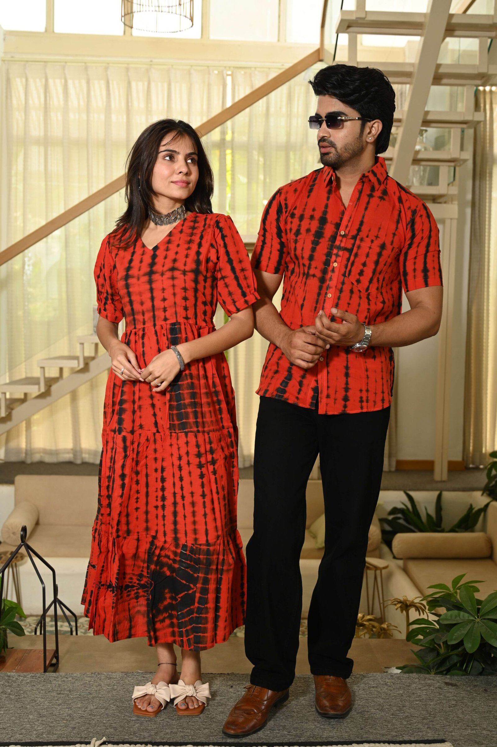 Couple Matching Red Printed Cotton Anarkali Midi Dress & Shirt Set ? Summer Casual Wear - Image 2