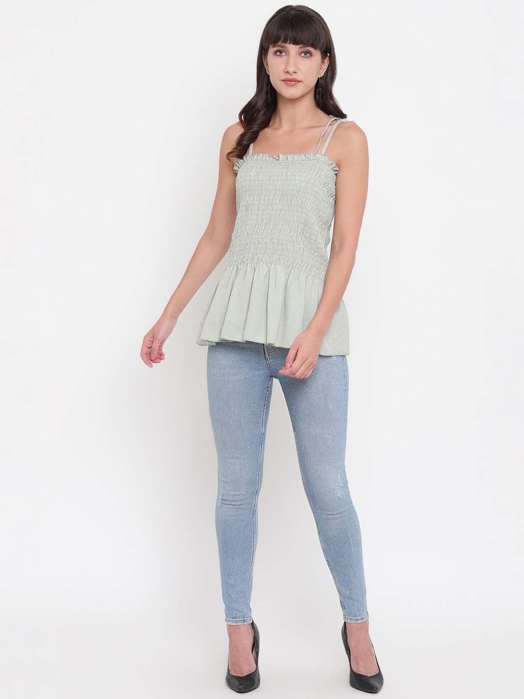 Women's Rayon Solid Casual Summer Style Tie Shoulder Straps Free Size Tank Top (Clouds) - Image 3