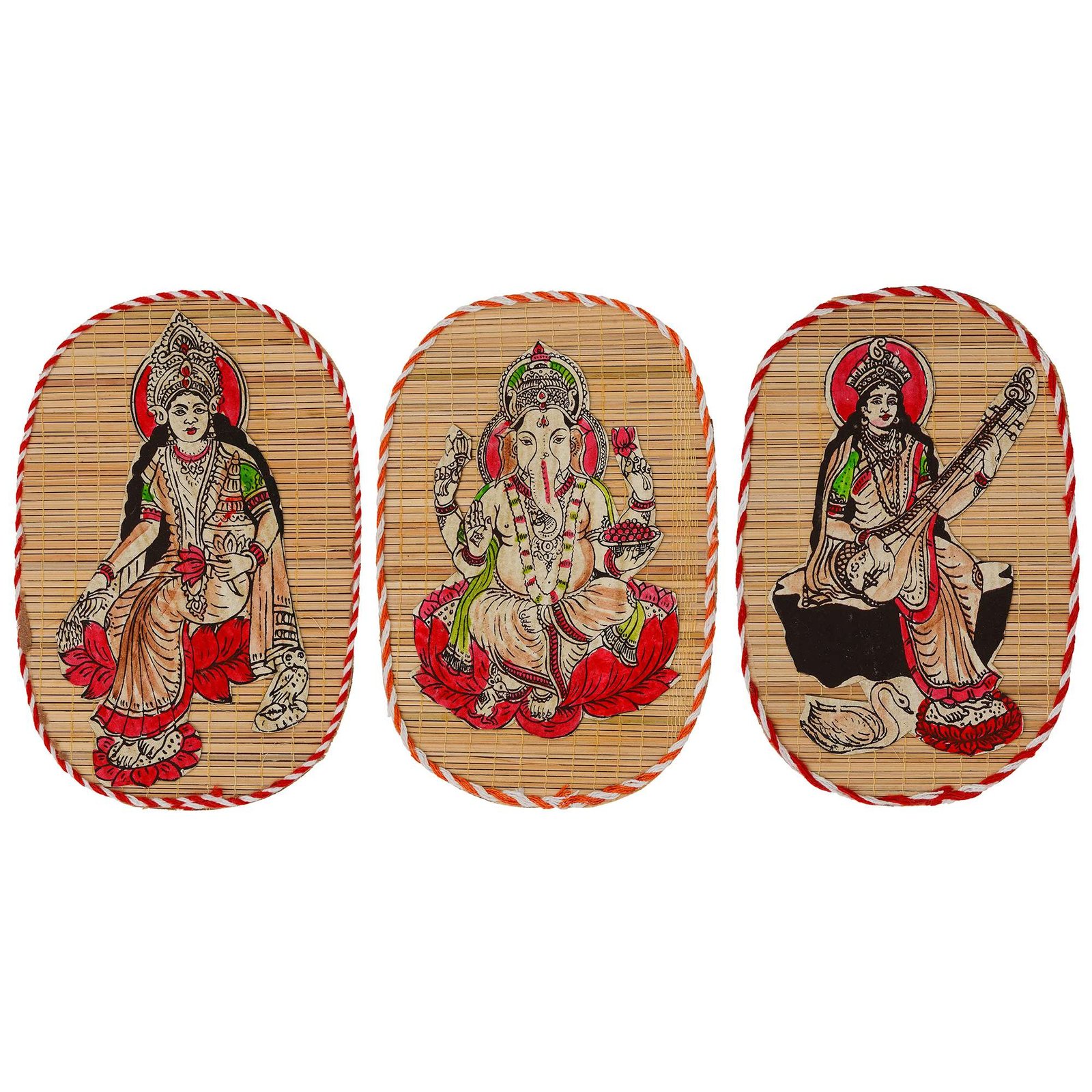 Bamboo Hand Crafted Wall Hangings Of The Trio Of Ganesh Ji, Laxmi Ji And Sarwasti Ji Painting For Home Decor - Image 2