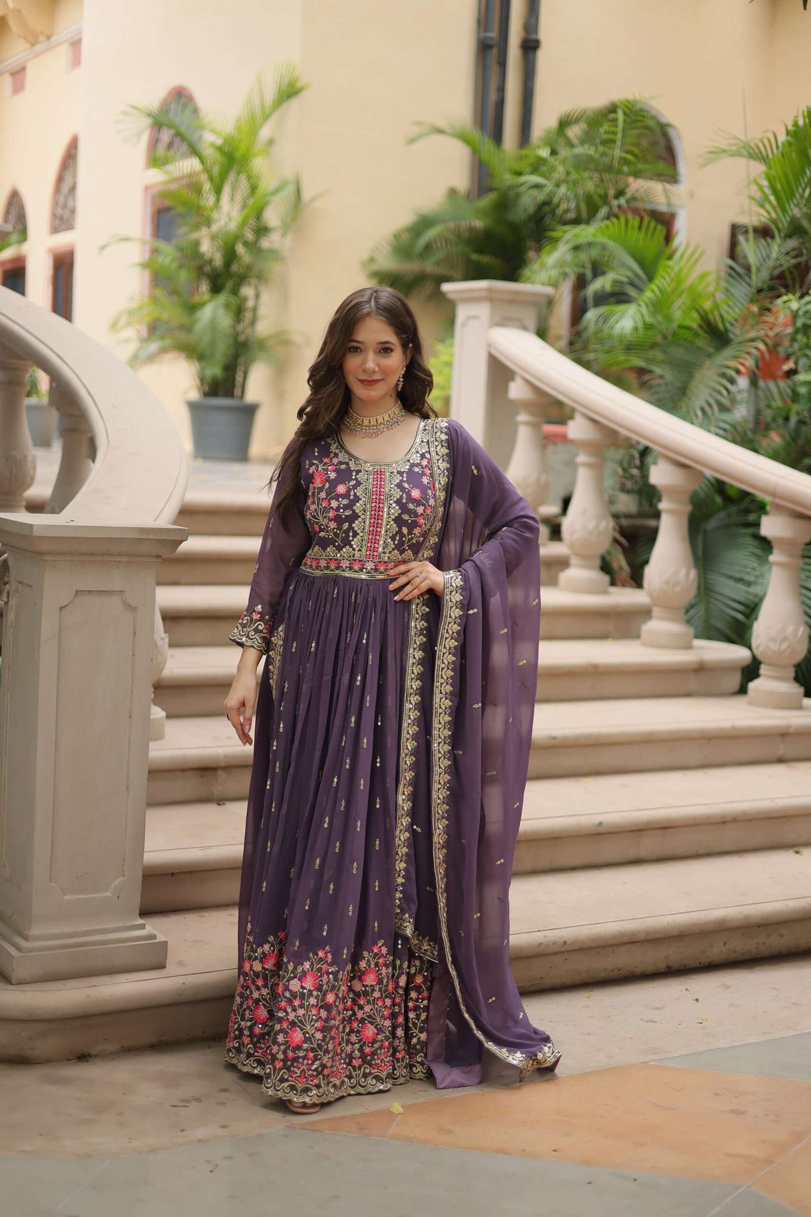 Onion Faux Georgette Sequins Embroidered Kurti with Sharara & Dupatta Set