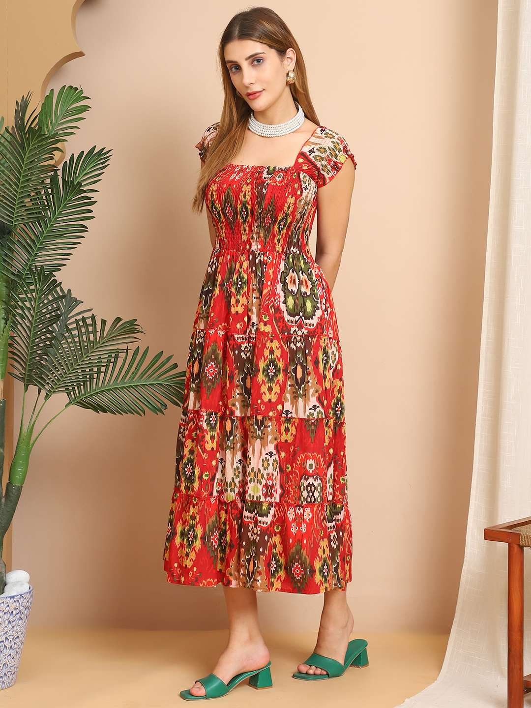 Women's Viscos Rayon Printed Off Shoulder Midi Dress For Summer And Casual Wear (Red)